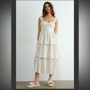 NWT Creamon Floral Ruffle Layered Wire Bone Midi Dress